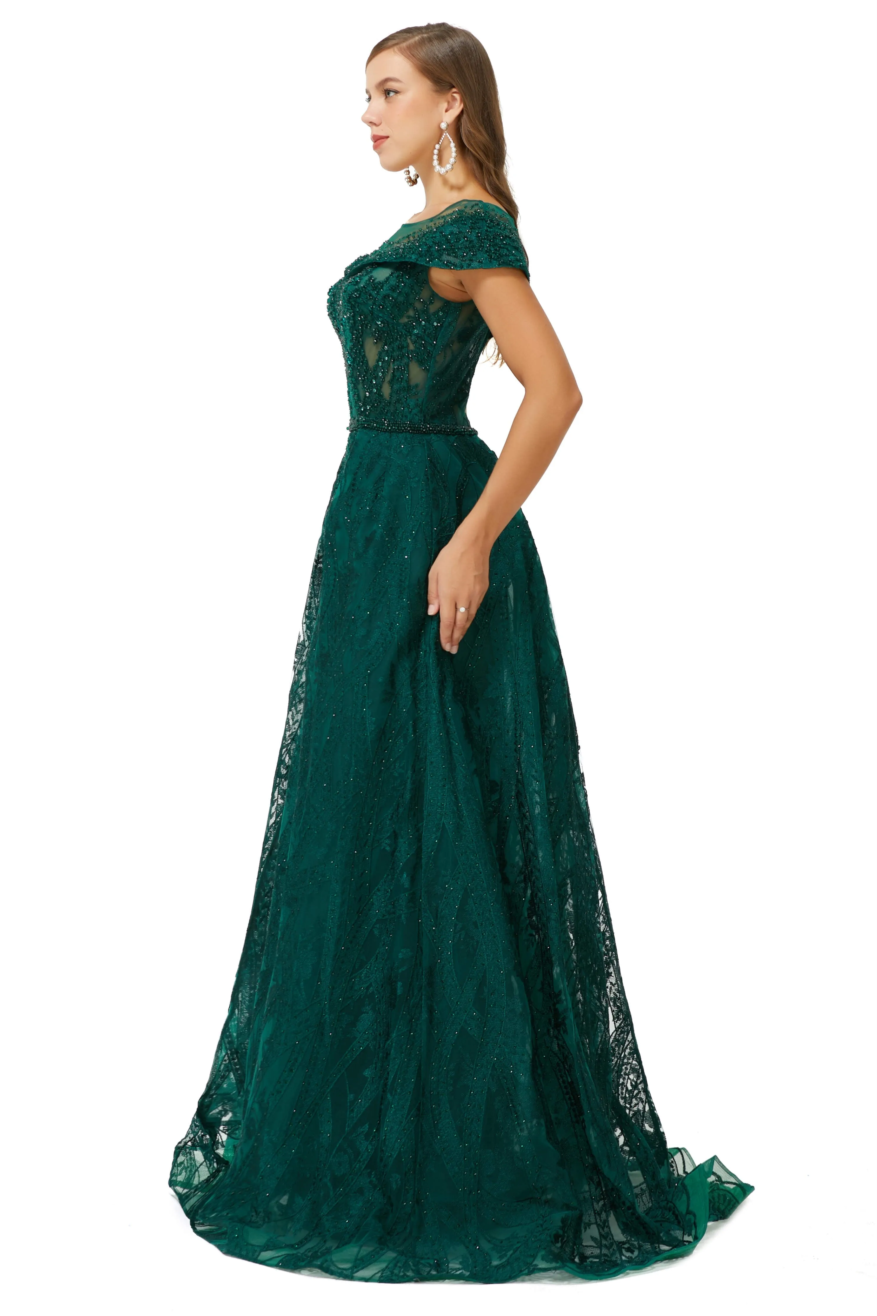 Beaded Cap Sleeves Prom Dresses with Overskirt