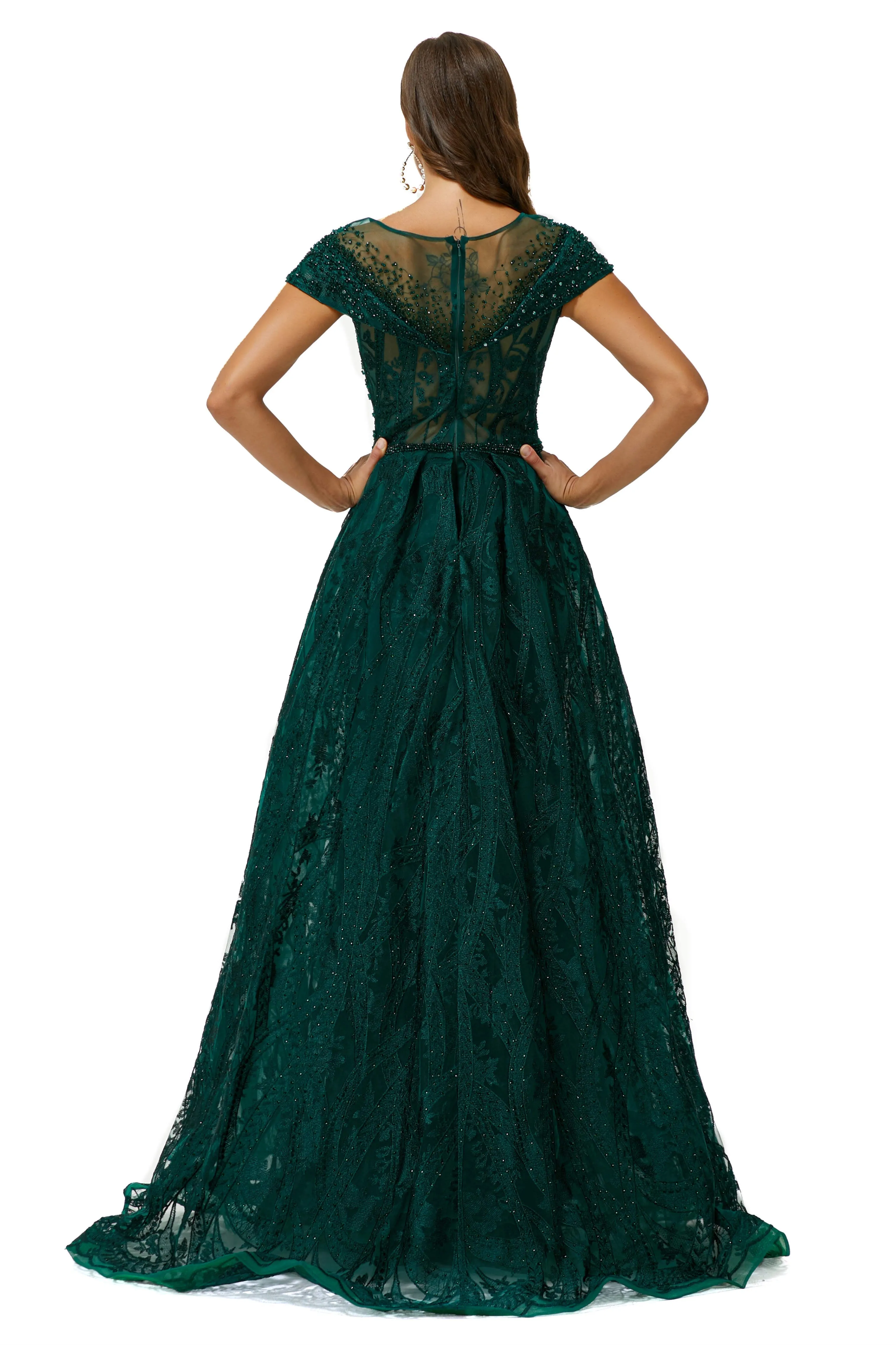 Beaded Cap Sleeves Prom Dresses with Overskirt