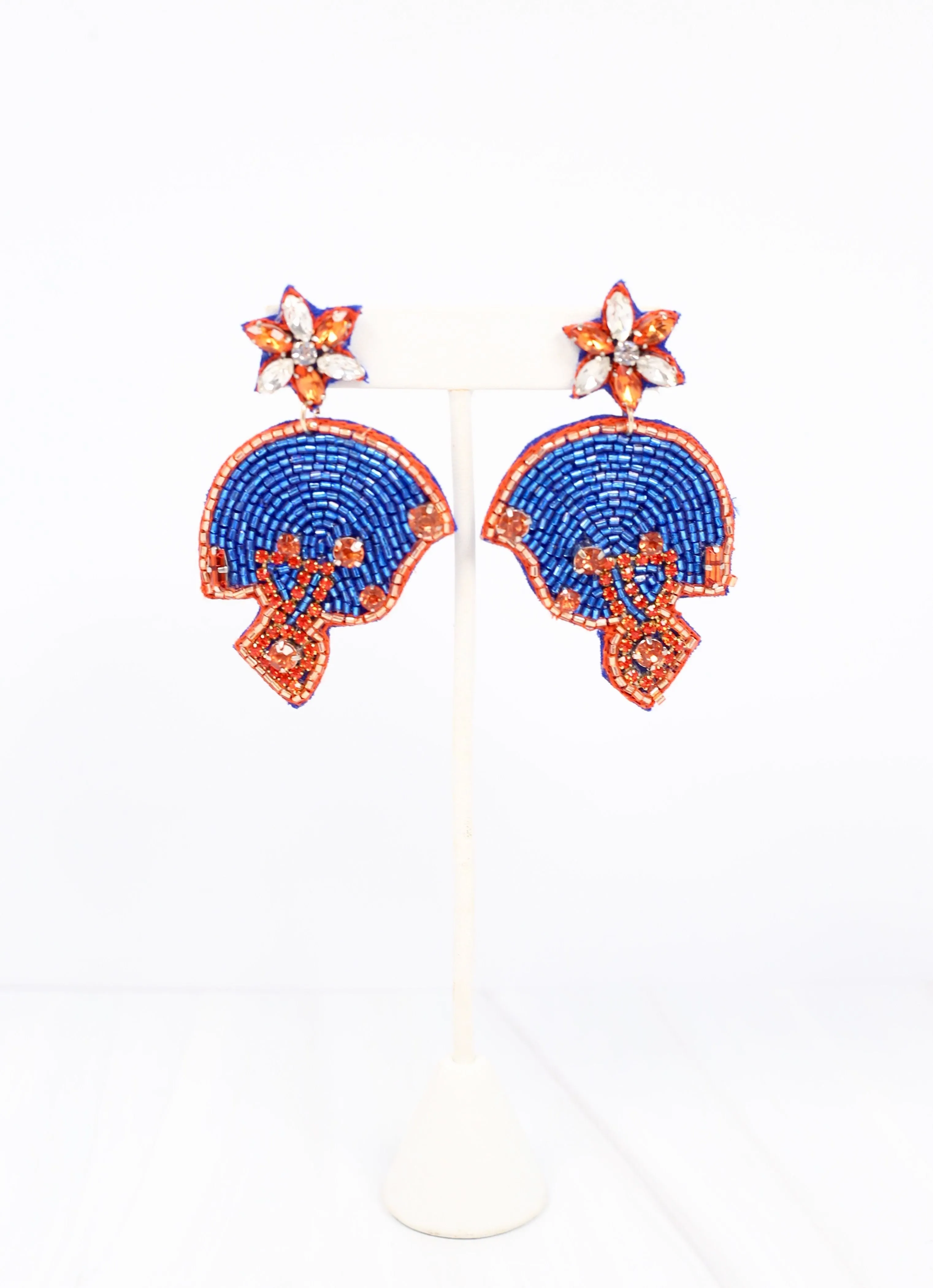 Beaded Football Helmet Earring ROYAL BLUE ORANGE