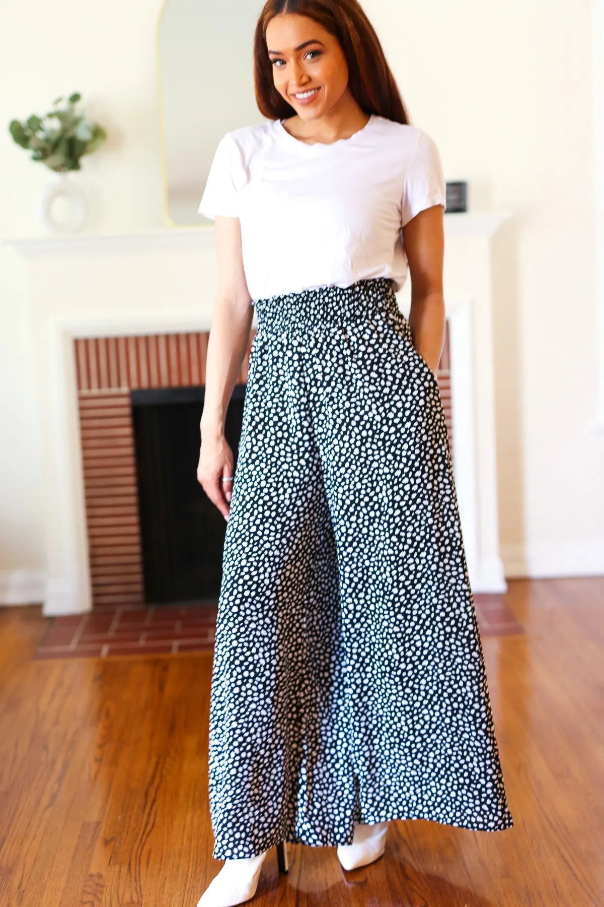 Black Animal Print Smocked Waist Palazzo Pants