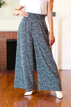 Black Animal Print Smocked Waist Palazzo Pants