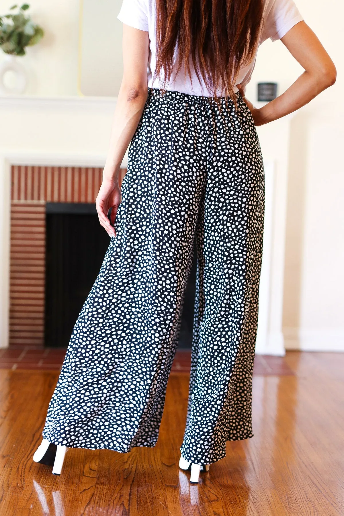 Black Animal Print Smocked Waist Palazzo Pants