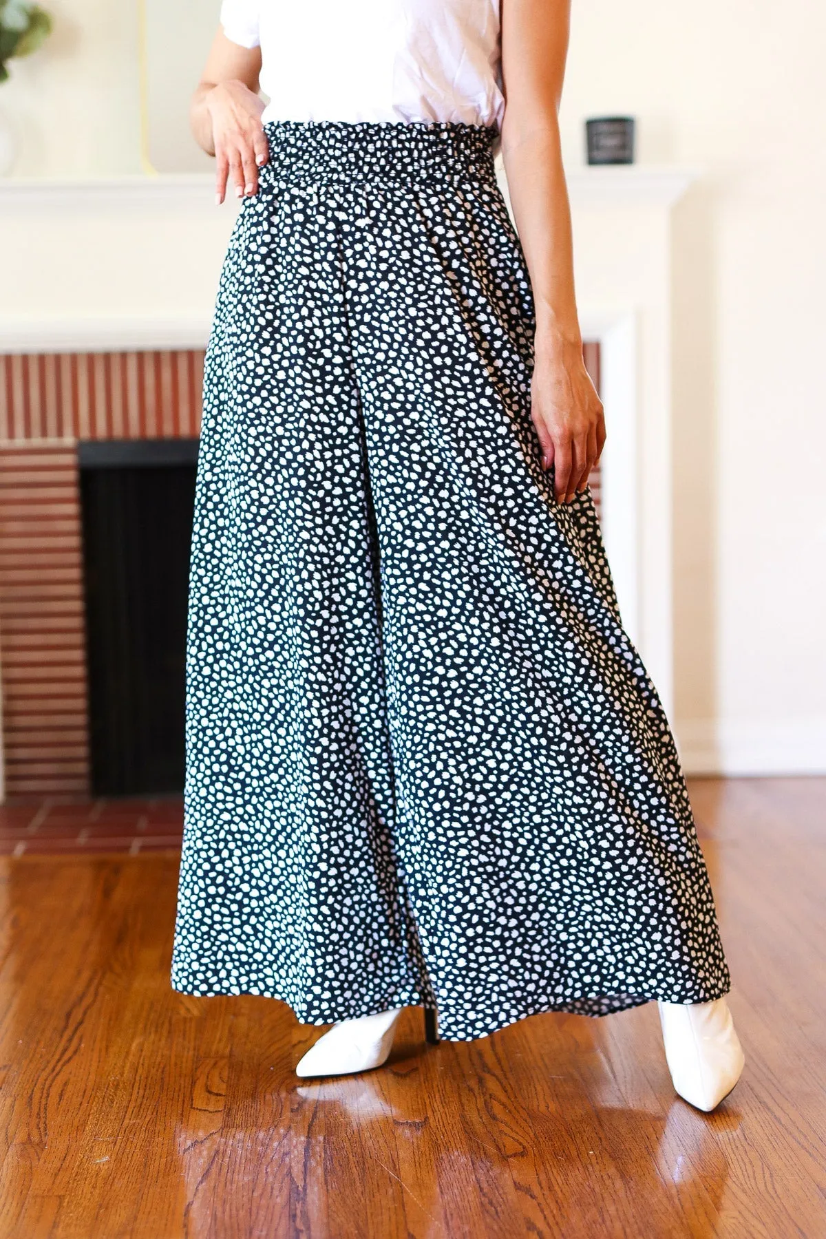 Black Animal Print Smocked Waist Palazzo Pants