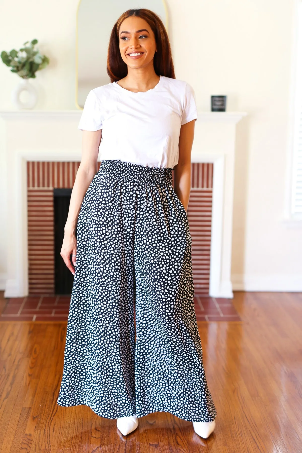 Black Animal Print Smocked Waist Palazzo Pants