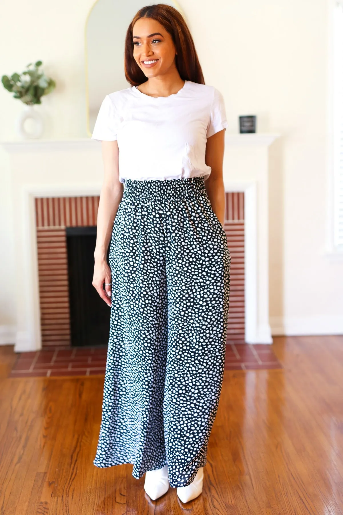 Black Animal Print Smocked Waist Palazzo Pants