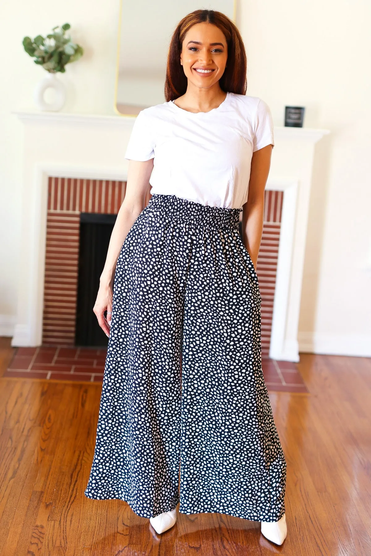 Black Animal Print Smocked Waist Palazzo Pants