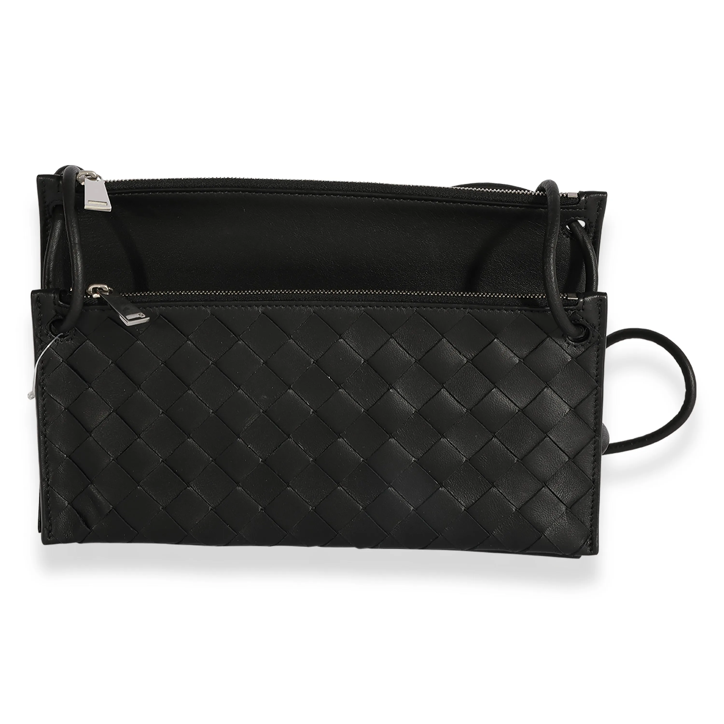 Black Intrecciato Leather Double Pouch Crossbody