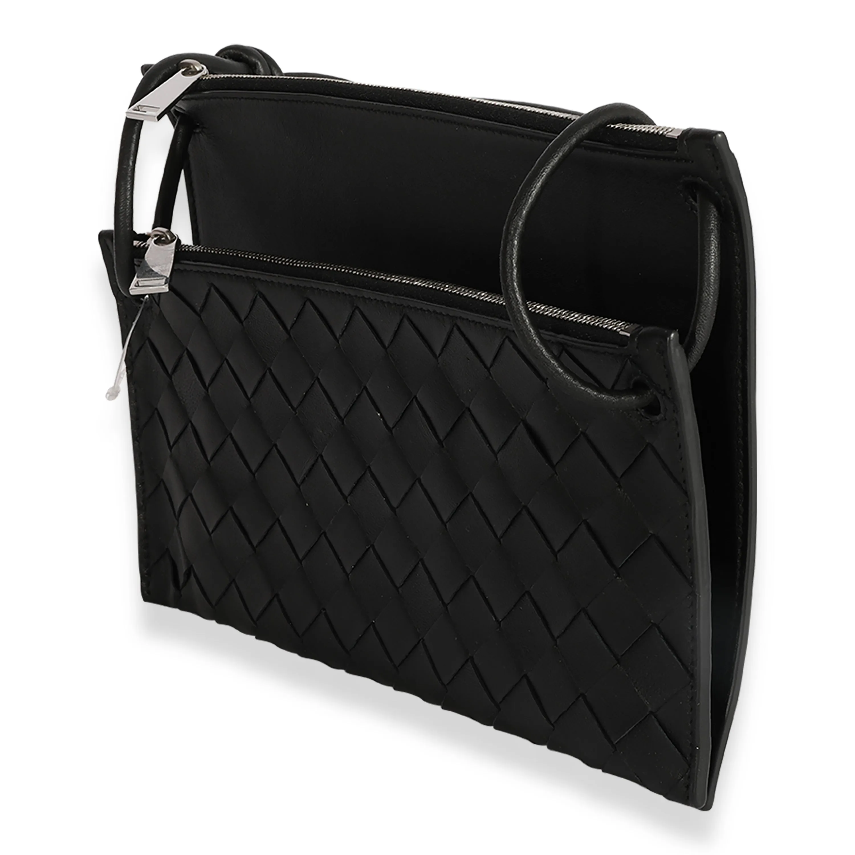 Black Intrecciato Leather Double Pouch Crossbody