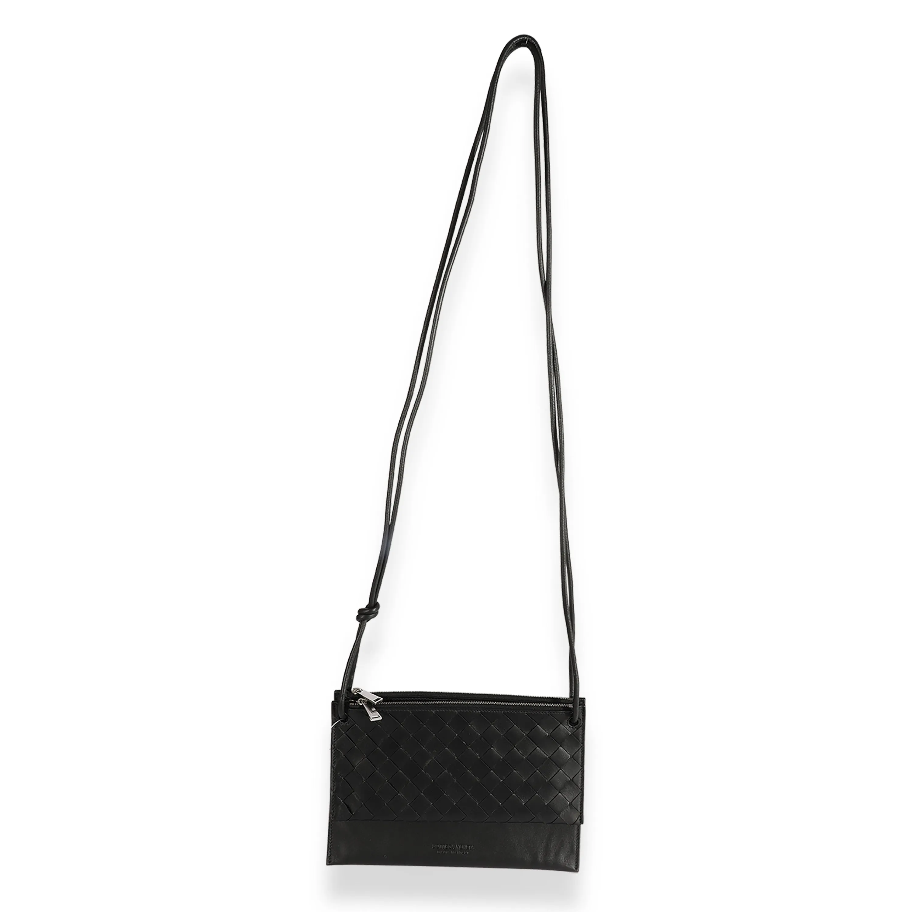 Black Intrecciato Leather Double Pouch Crossbody