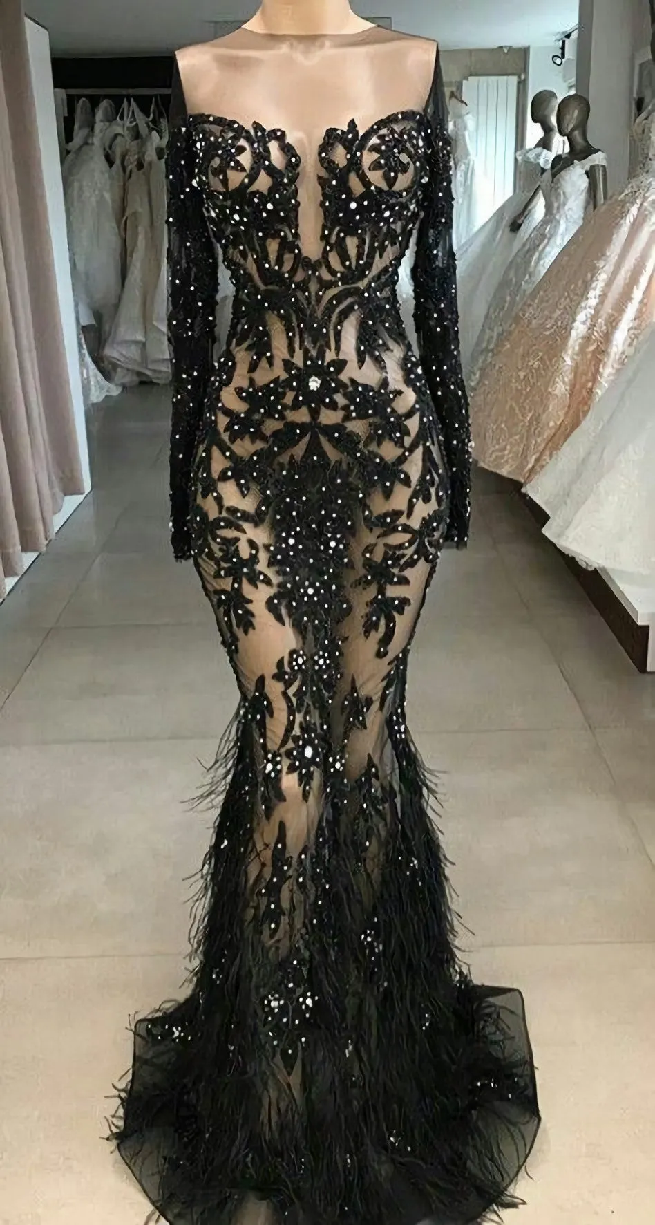 Black Prom Dresses, Feather Prom Dresses, Lace Evening Dresses, Fashion Party Dresses, Mermaid Evening Dresses, Beaded Prom Dres