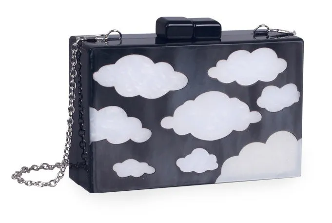 Black White Cloud Acrylic Rectangular Evening Clutch Purse Jewelry Box