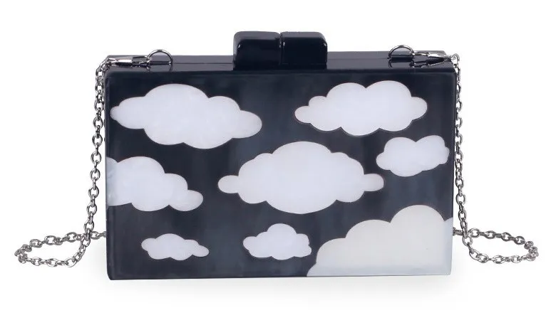 Black White Cloud Acrylic Rectangular Evening Clutch Purse Jewelry Box