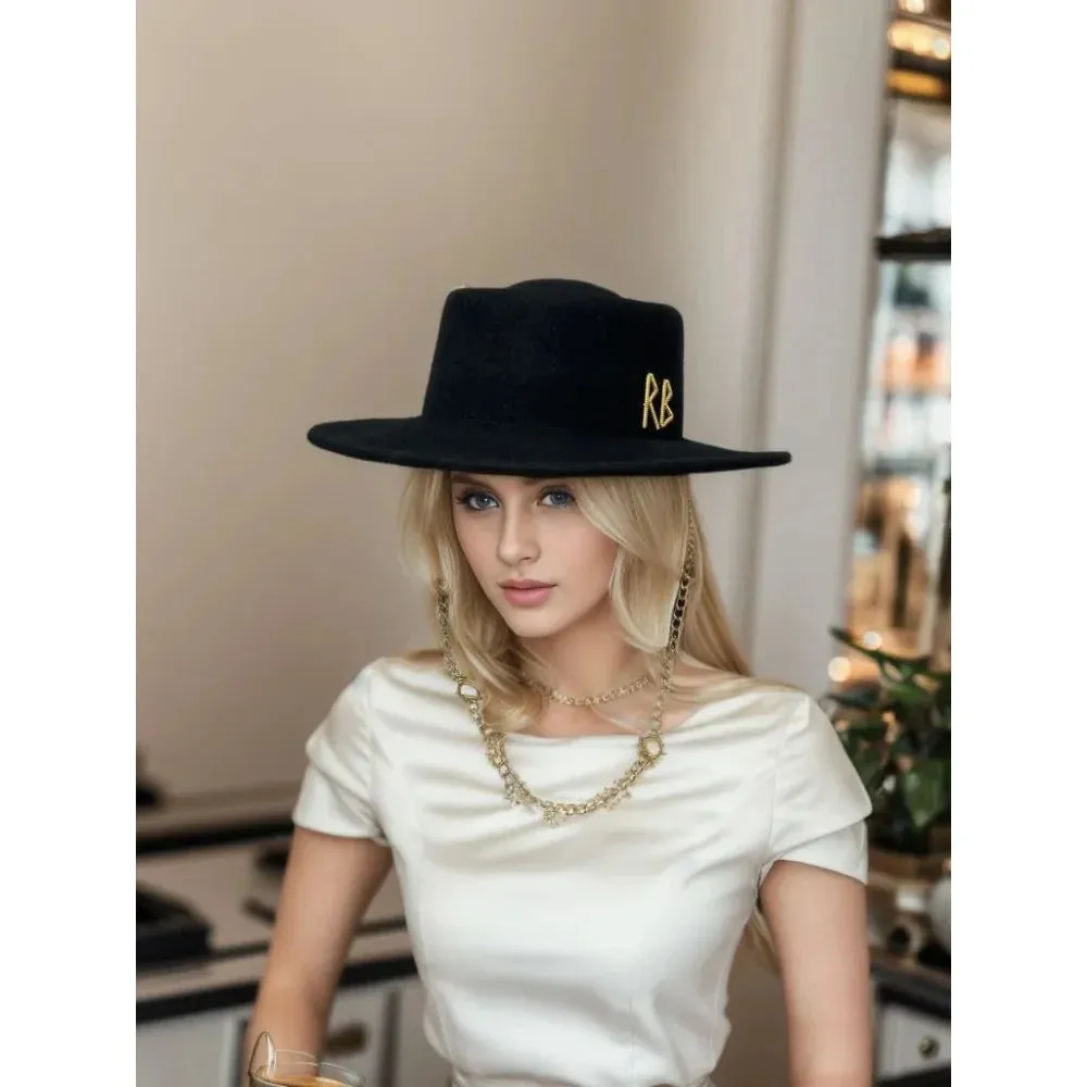 Black Woollen Chain Strap Letter Pattern Fedora Hat for Women