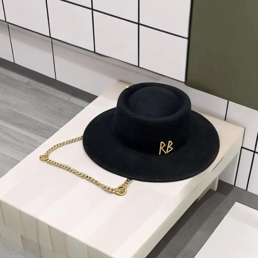 Black Woollen Chain Strap Letter Pattern Fedora Hat for Women