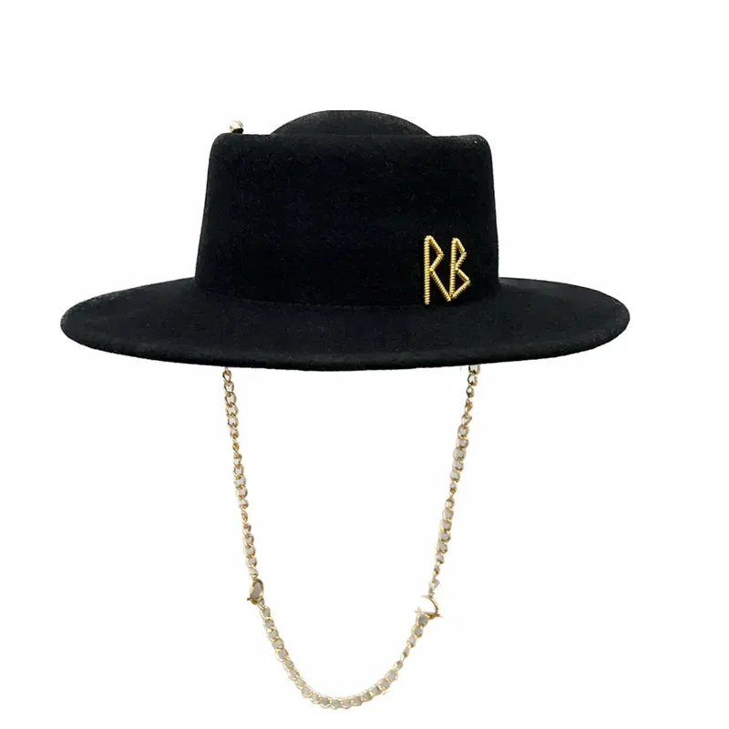 Black Woollen Chain Strap Letter Pattern Fedora Hat for Women