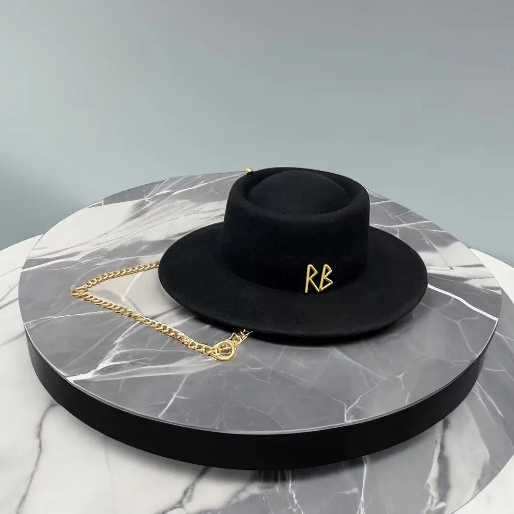 Black Woollen Chain Strap Letter Pattern Fedora Hat for Women