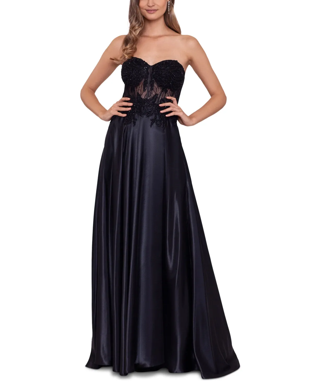 Blondie Nites Junior's Illusion Applique Charmeuse Gown Black Size 0