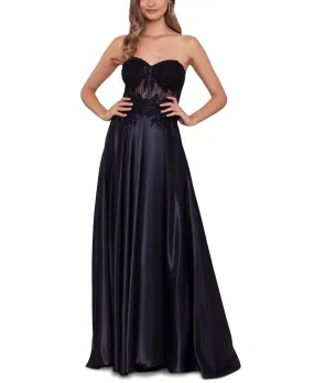 Blondie Nites Junior's Illusion Applique Charmeuse Gown Black Size 0