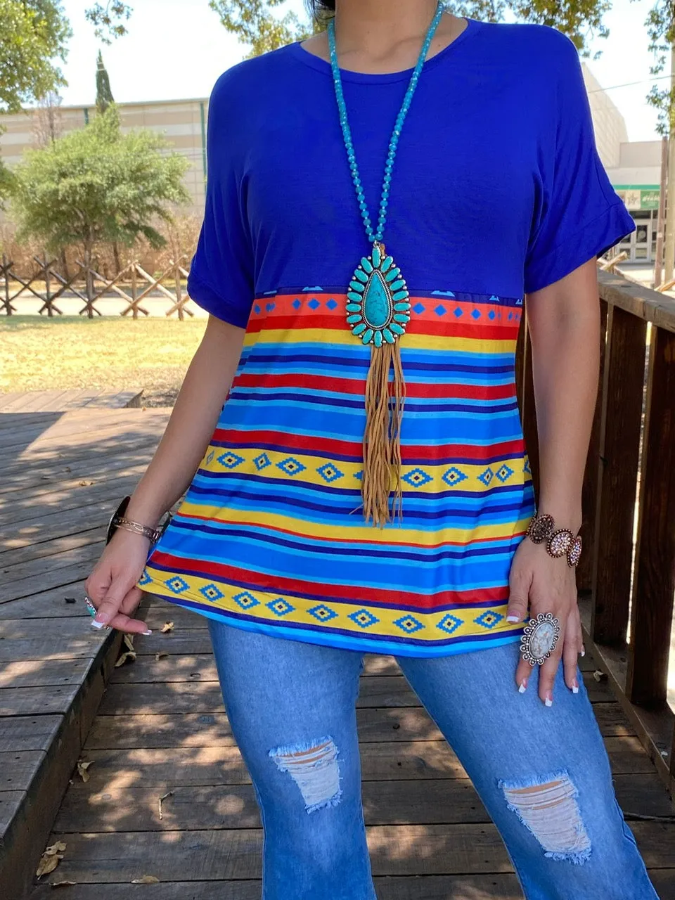 Blue Top with Serape Stripes