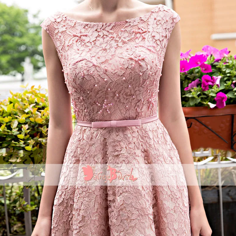 Blush Pink Lace With Beads Cap Sleeve Lace Up Back Homecoming Dresses,BD0166