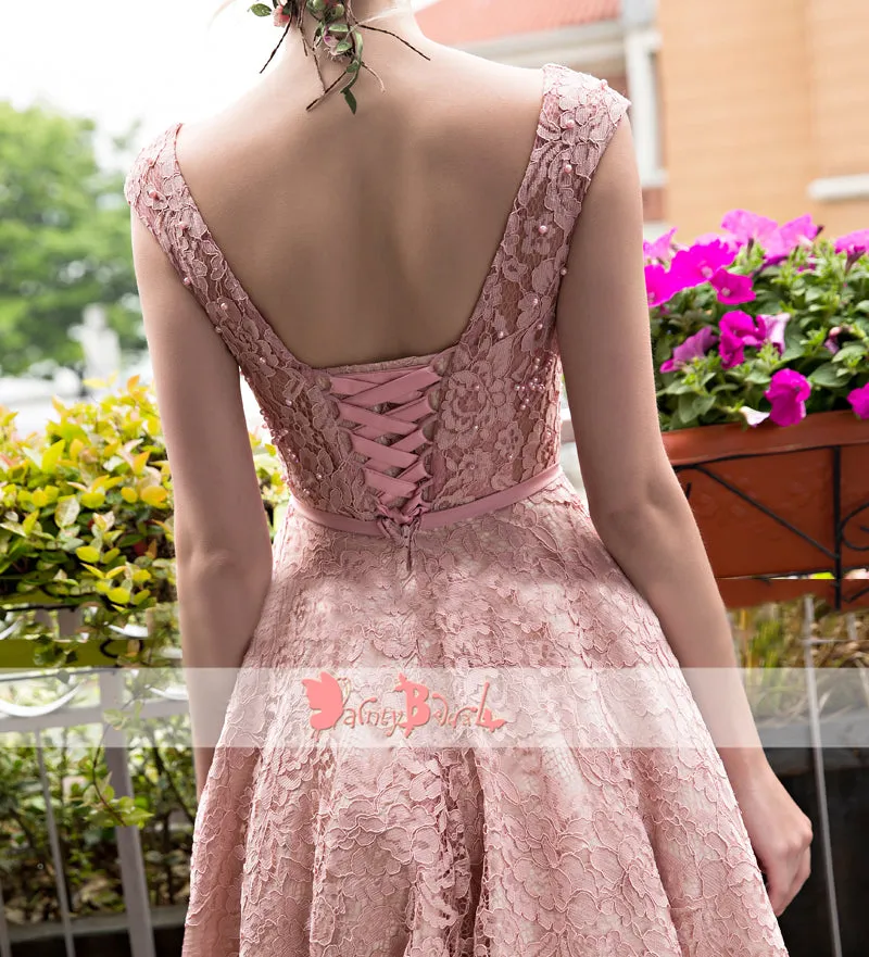 Blush Pink Lace With Beads Cap Sleeve Lace Up Back Homecoming Dresses,BD0166