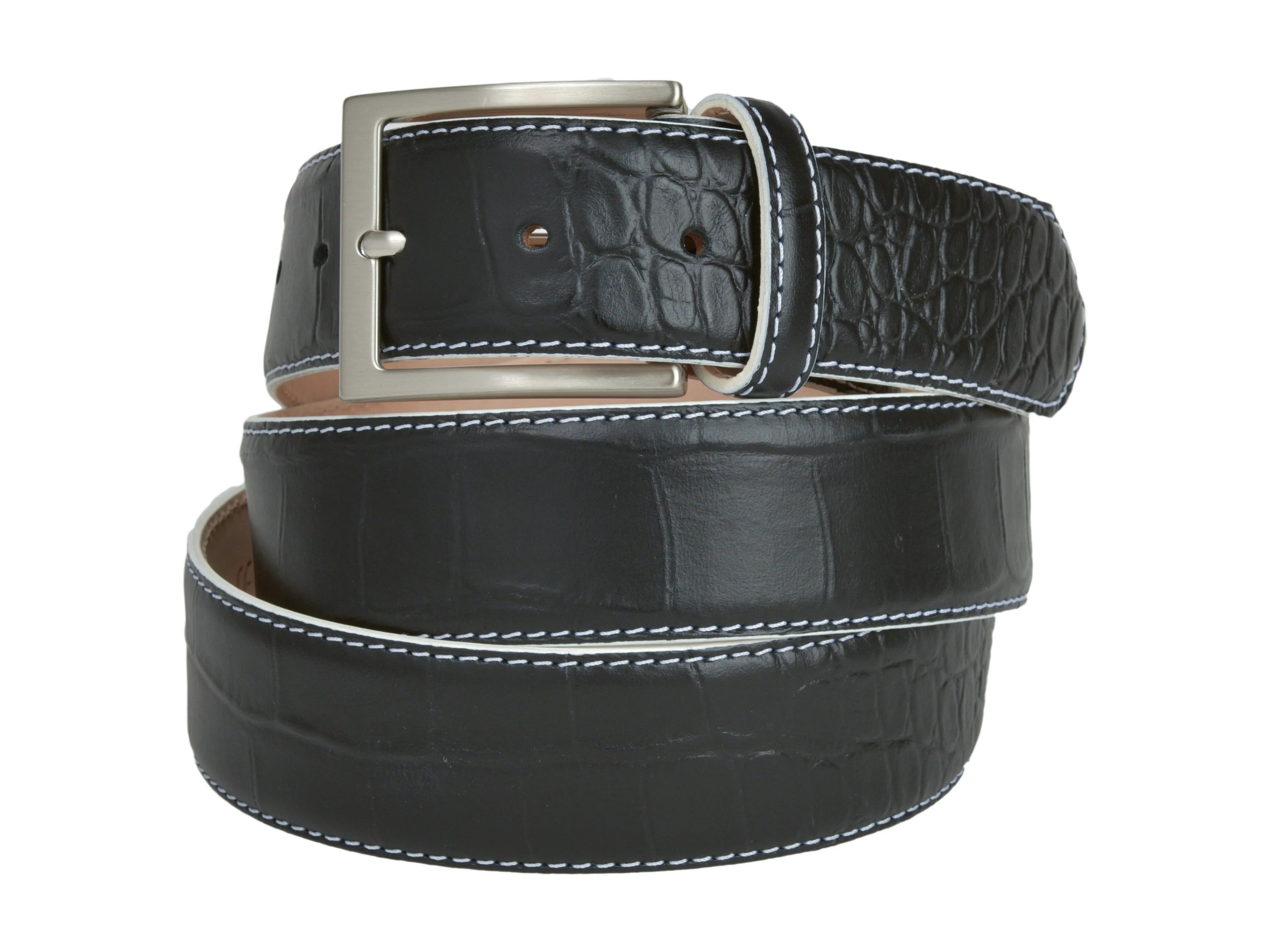 Calf Skin Alligator Embossed Belt Black / White Stitch