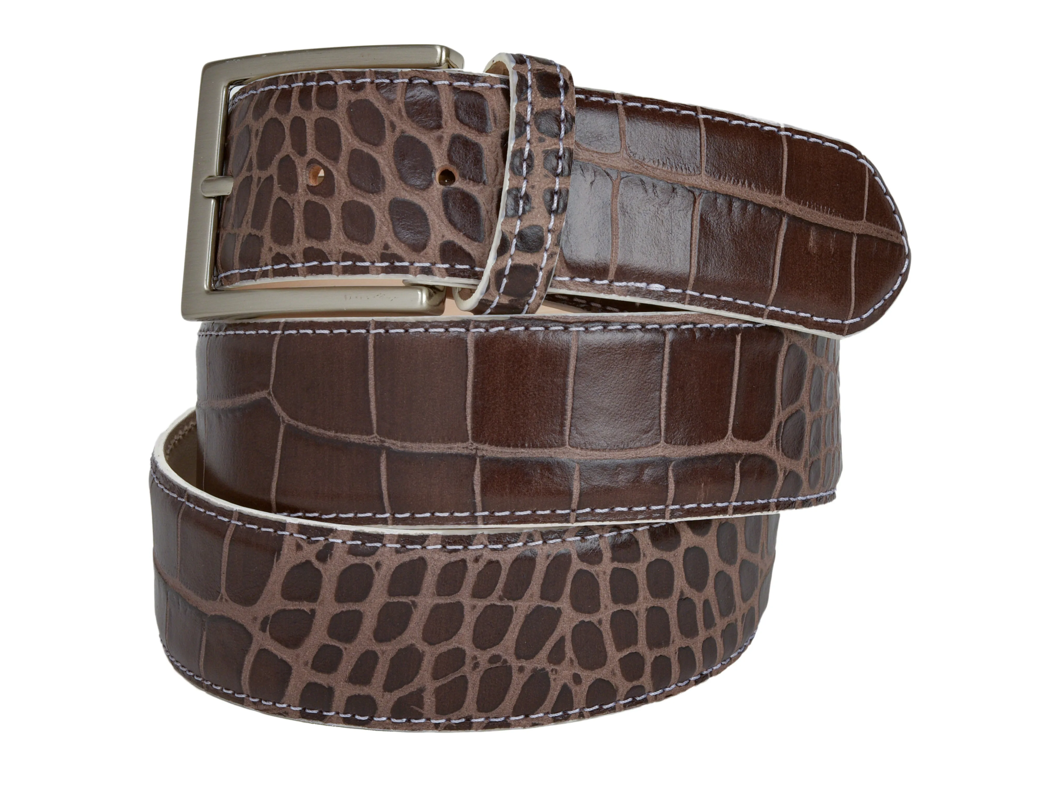 Calf Skin Alligator Embossed Belt Brown / White Stitch