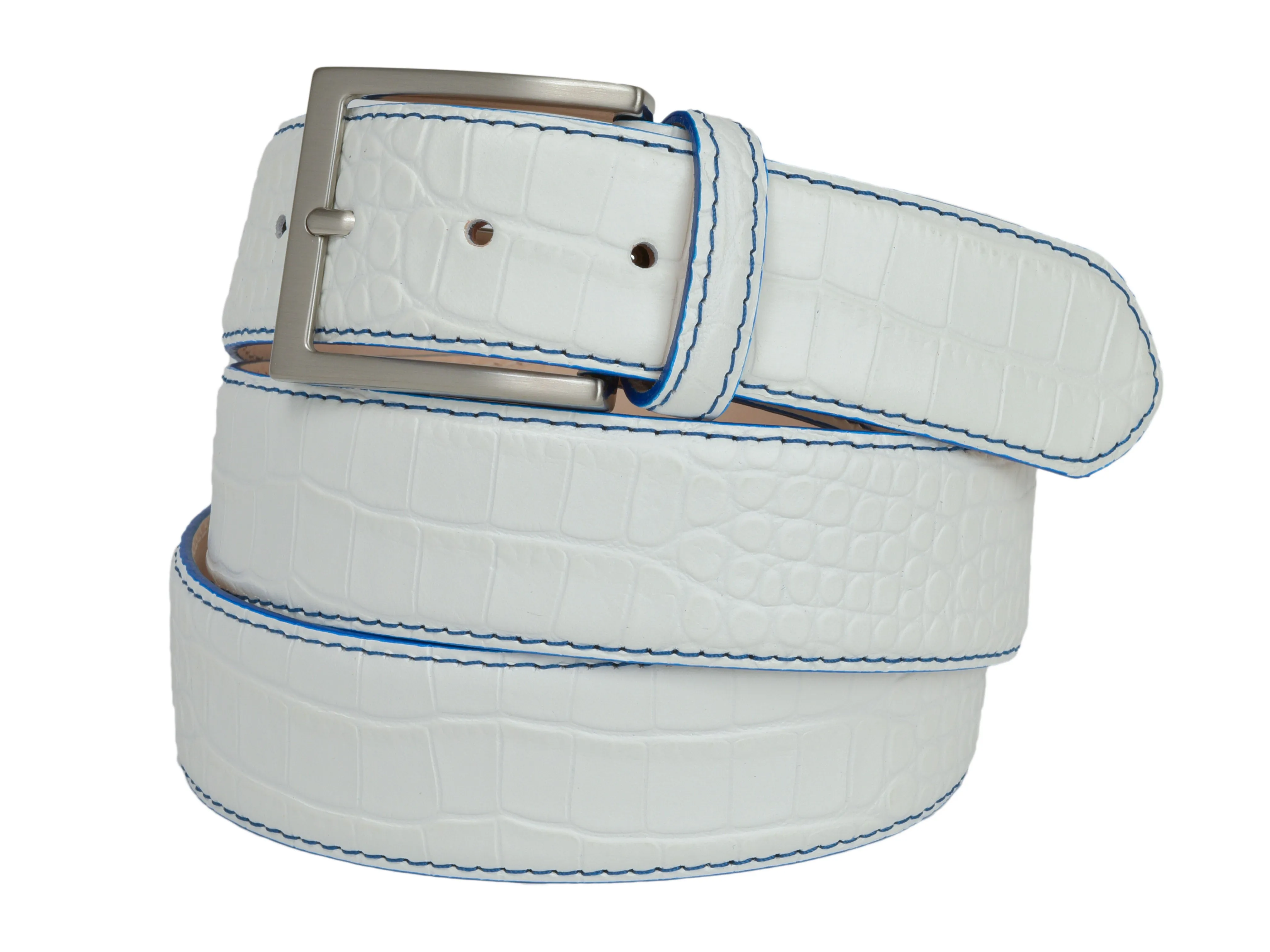 Calf Skin Alligator Embossed Belt White / Blue Stitch