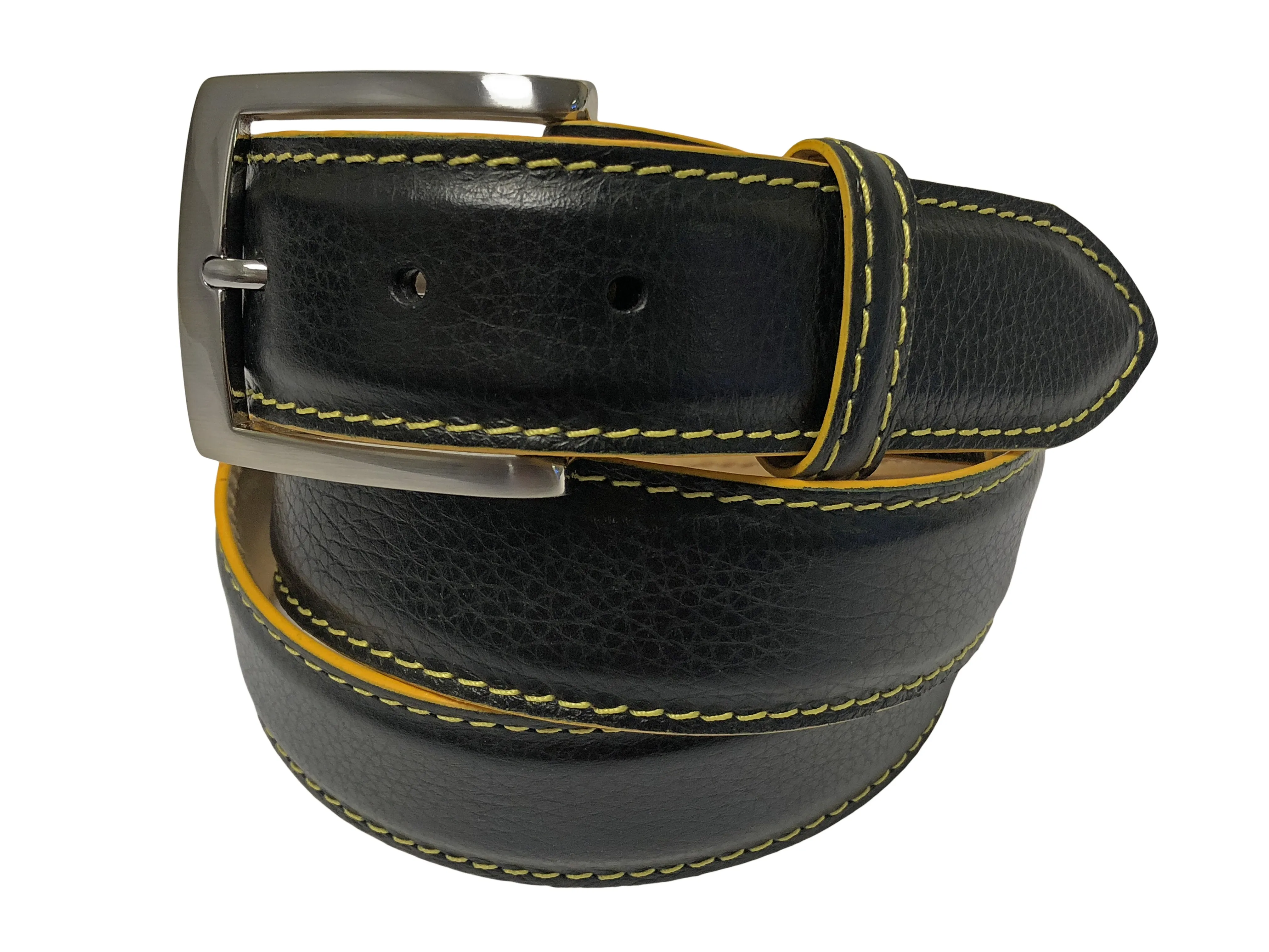 Calf Skin Pebble Belt Black / Yellow Stitch & Edge