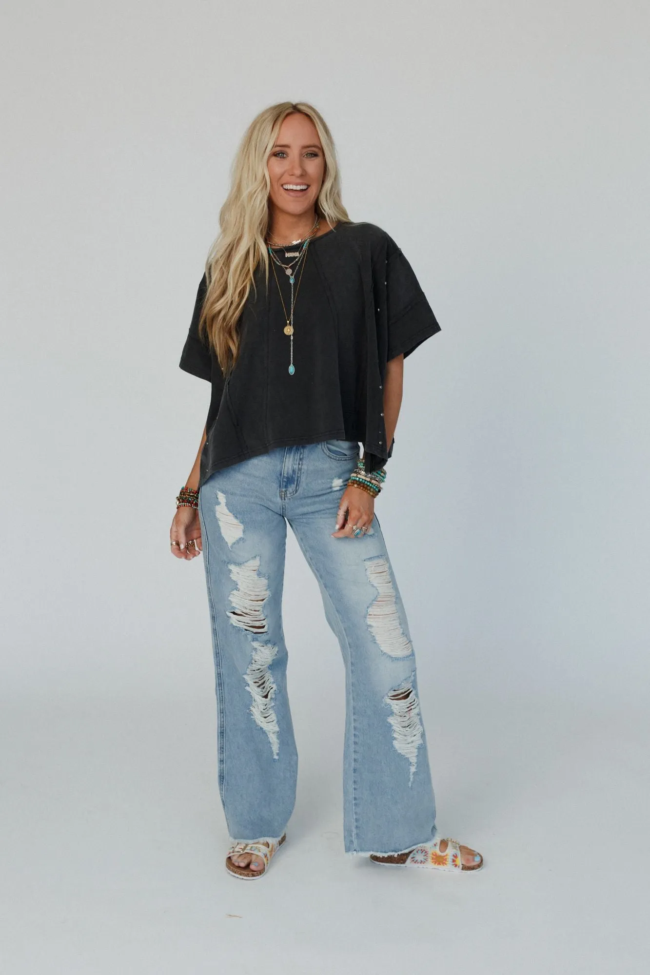 Cape Cod Studded Top - Charcoal