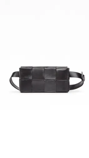 Cassette Mini Intreccio Leather Belt Bag - Black