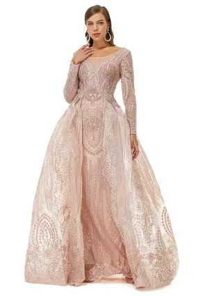 Champange Sparkle Beaded Long Sleeves Prom Dresses