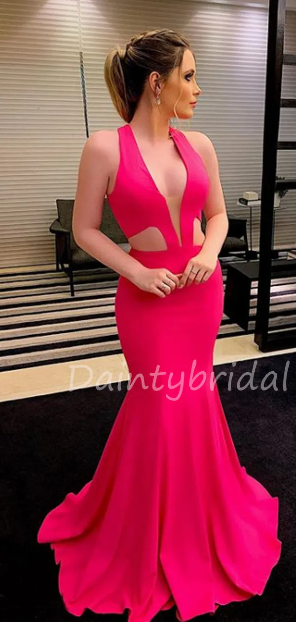 Charming Deep V-neck Mermaid Slit Satin Zipper Up Prom Dresses Evening Dresses.DB10486