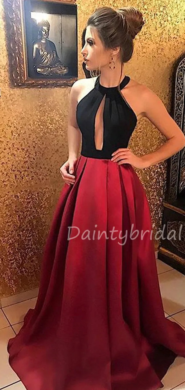 Charming Halter A-line Open Back Satin Long Prom Dresses Evening Dresses.DB10488