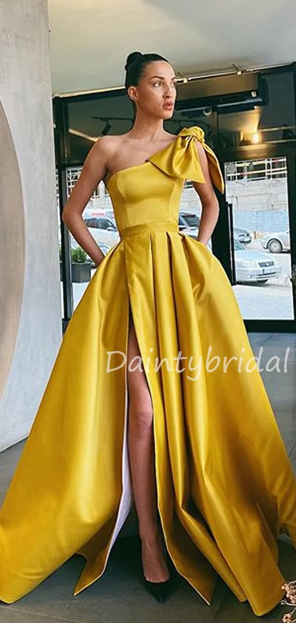 Charming One-shoulder A-line Satin Side Slit Long Prom Dresses Evening Dresses.DB10595