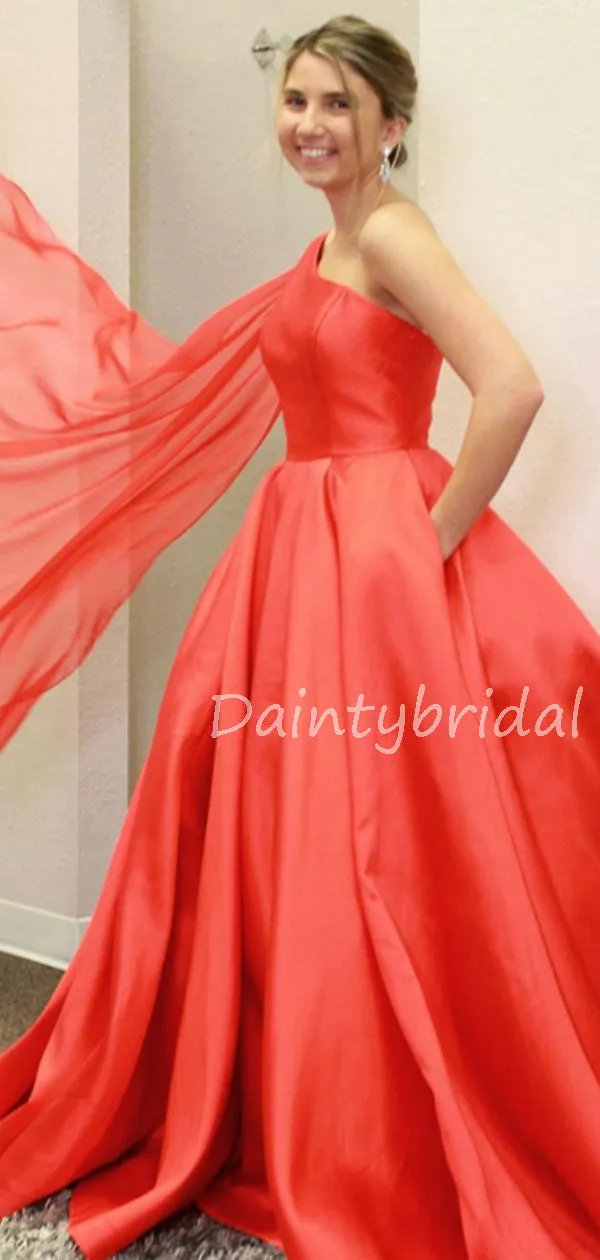 Charming One-shoulder Satin A-line Long Prom Dresses Evening Dresses.DB10575