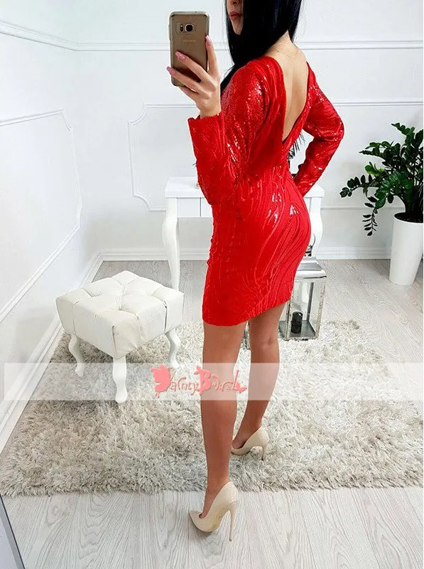 Charming Red Short Tight Backless Sparkly Cocktail Homecoming Dresses With Long Sleeves,BD0160