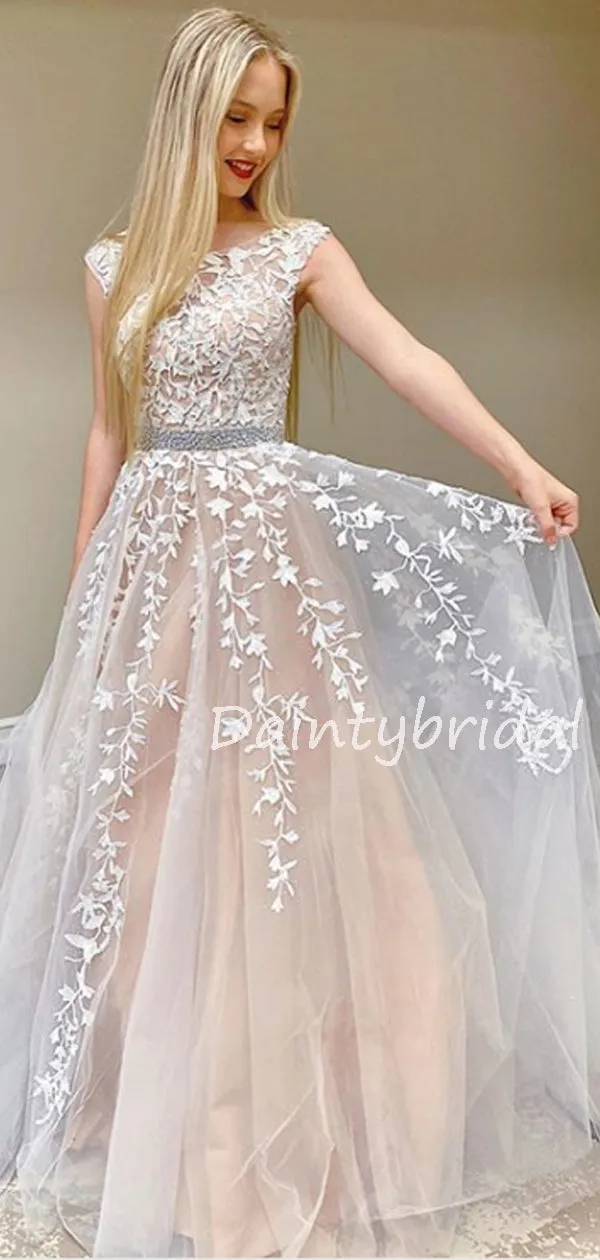 Charming Scoop Neck A-line Tulle Long Prom Dresses Evening Dresses.DB10608