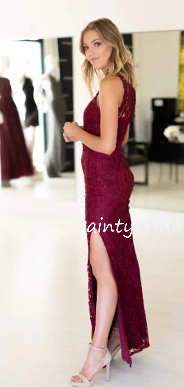 Charming Sleeveless Side Slit Lace Long Prom Dresses Evening Dresses.DB10506