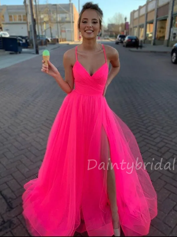 Charming Spaghetti Strap A-line Long Prom Dresses Side Slit Evening Dresses.DB10411