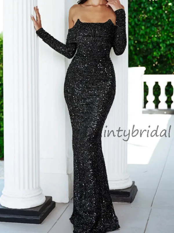 Charming Straight Long Sleeve Mermaid Sequin Long Evening Dresses Prom Dresses.DB10519