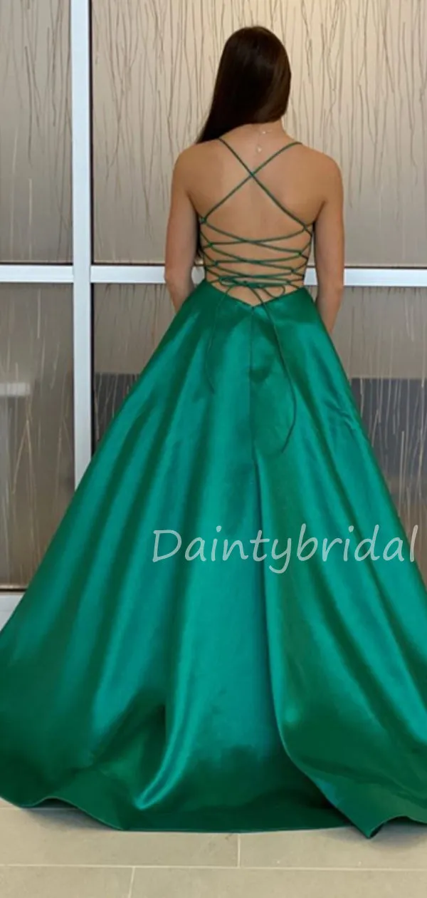 Charming V-neck A-line Satin Long Prom Dresses Evening Dresses.DB10489