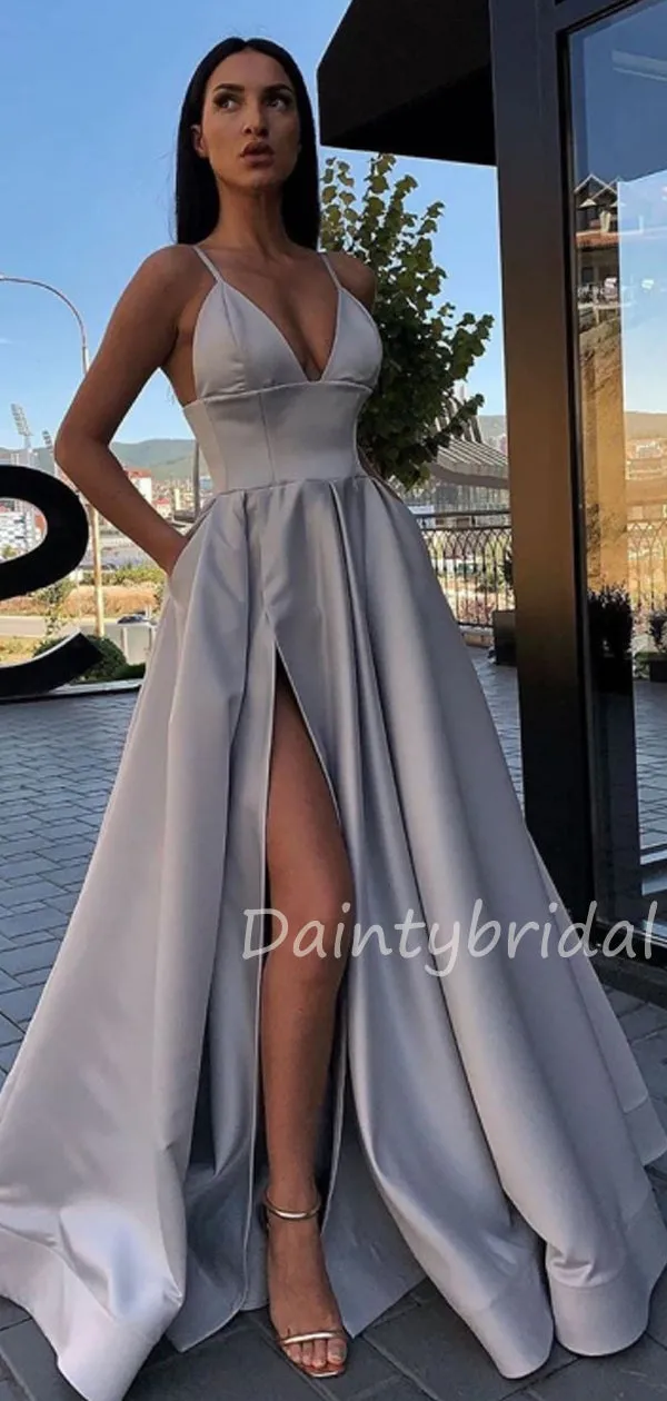 Charming V-neck A-line Satin Side Slit Long Prom Dresses Evening Dresses.DB10414