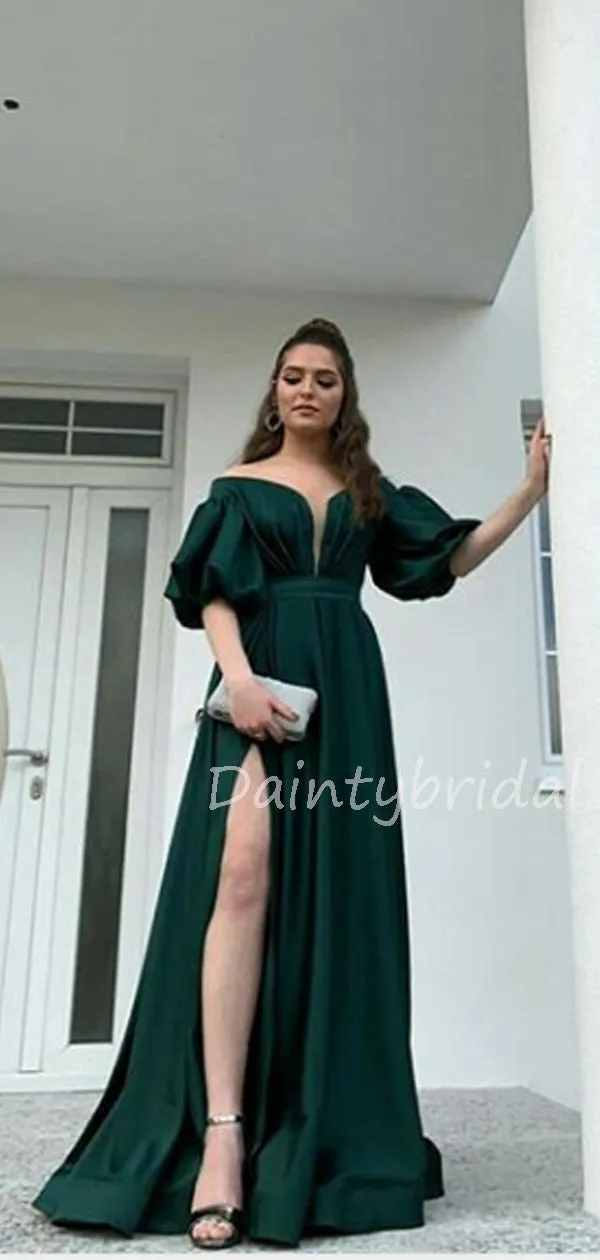 Charming V-neck A-line Side Slit Long Prom Dresses Evening Dresses.DB10578