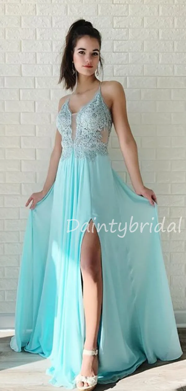 Charming V-neck  Lace Chiffon A-line Side Slit Long Prom Dresses Evening Dresses.DB10604