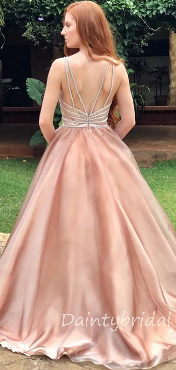 Charming V-neck Organza Open Back A-line Long Prom Dresses Evening Dresses.DB10354