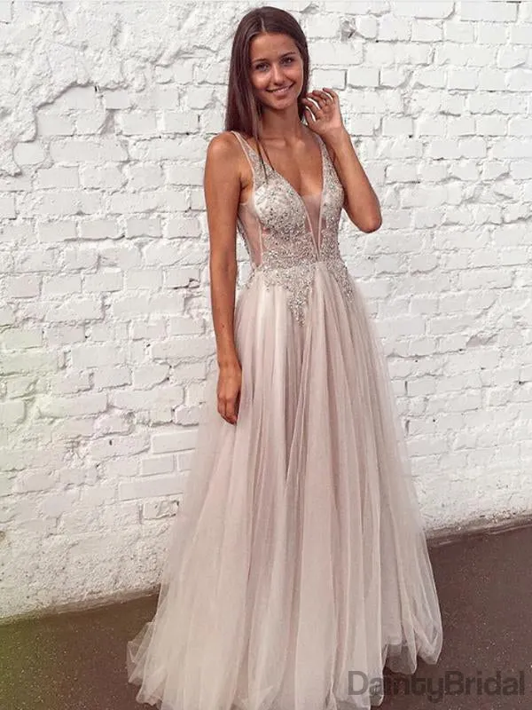 Charming V-Neck Tulle A-line Floor Length Prom Dresses.DB10088