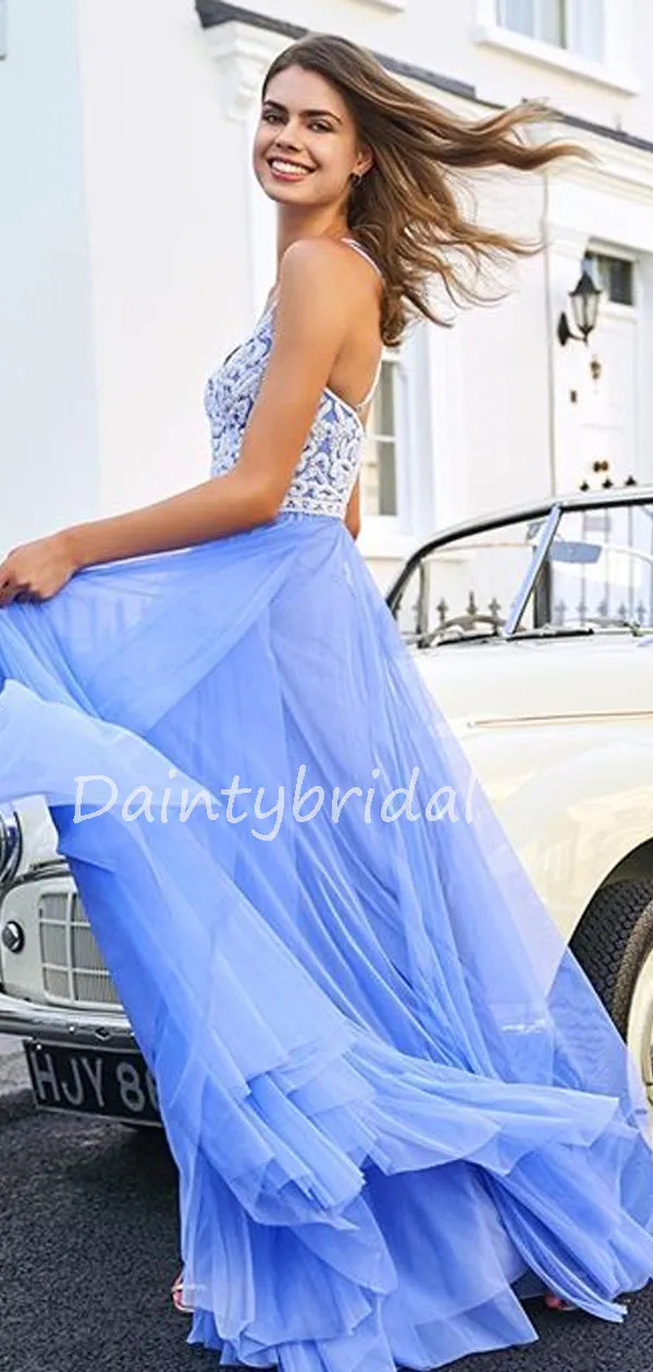 Charming V-neck Tulle  A-line Long Prom Dresses Evening Dresses.DB10613