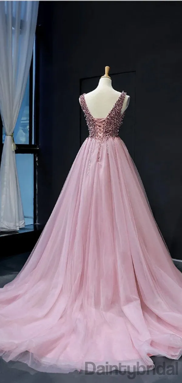 Charming V-neck Tulle A-line Long Prom Dresses.DB10170