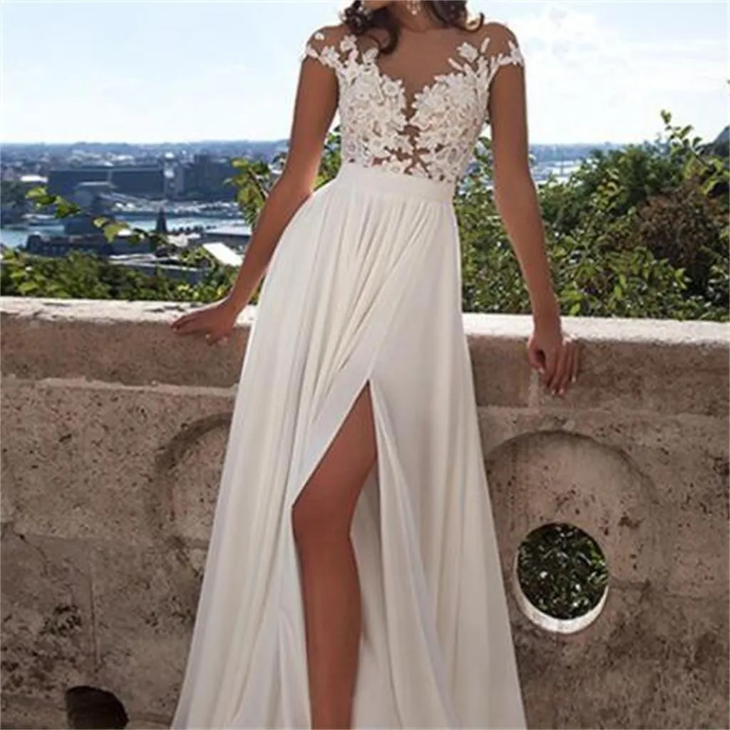 Cheap Column White Lace Appliques Yarn Back Cap Sleeve Sexy Split Side Prom Dress Wedding Party Dress, WD0124